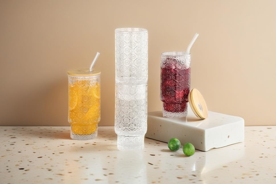 Vintage Glass Cups with Bamboo Lids Straws