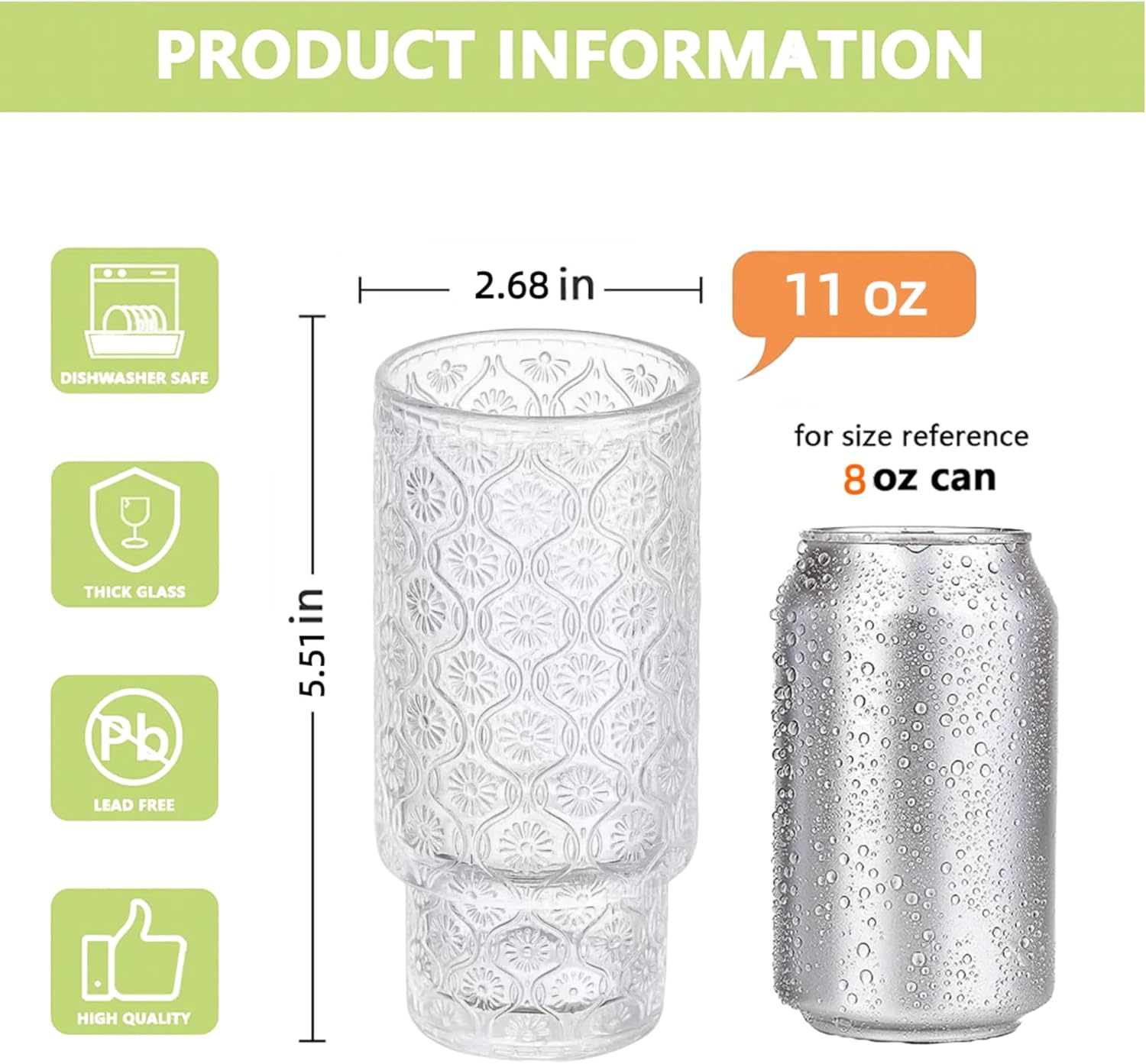 Vintage Glass Cups with Bamboo Lids and Straws 11oz