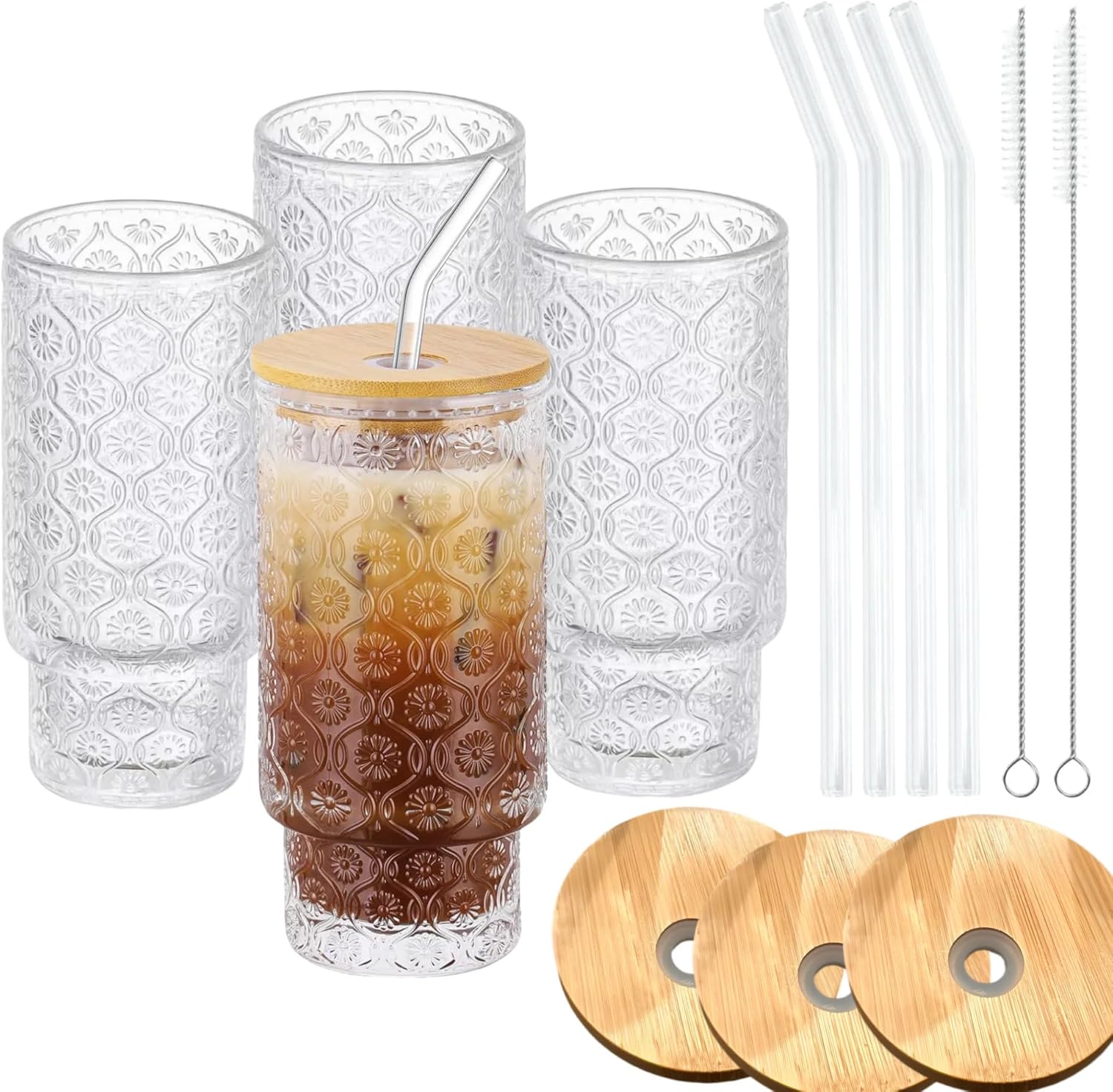 Vintage Glass Cups with Bamboo Lids and Straws
