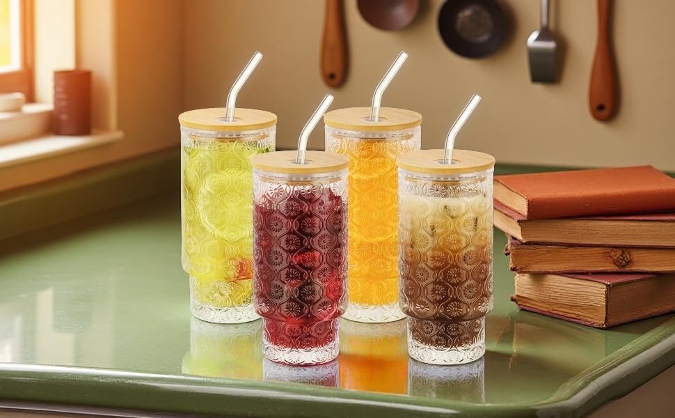 Vintage Glass Cups with Bamboo Lids and Straws