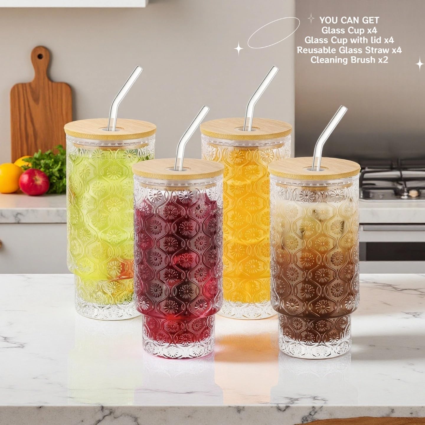 Vintage Glass Cups with Bamboo Lids&Straws