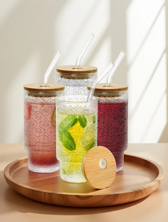 vasos de vidrio con tapa y popote